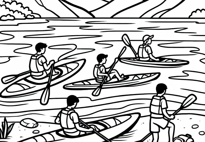 Paddler group takes a break by the shore - coloring page free of charge