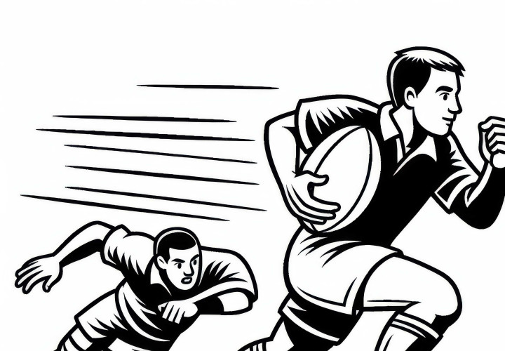 Rugbyspieler rennt mit Ball und wird von Gegner verfolgt – Ausmalbild gratis Rugbyspieler rennt mit Ball und wird von Gegner verfolgt – Ausmalbild gratis