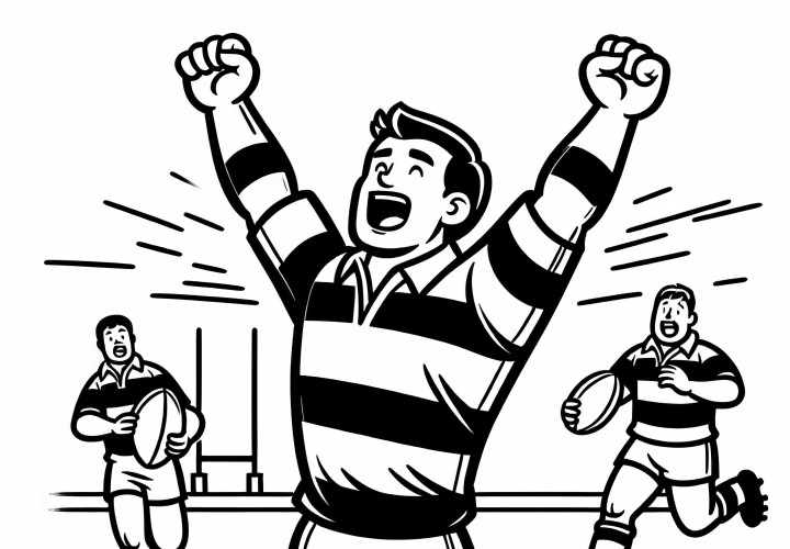 Rugbyspieler hebt jubelnd die Arme nach einem Try Rugbyspieler hebt jubelnd die Arme nach einem Try