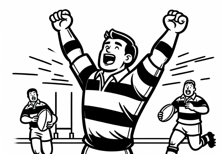 Rugby player raises their arms in celebration after a try