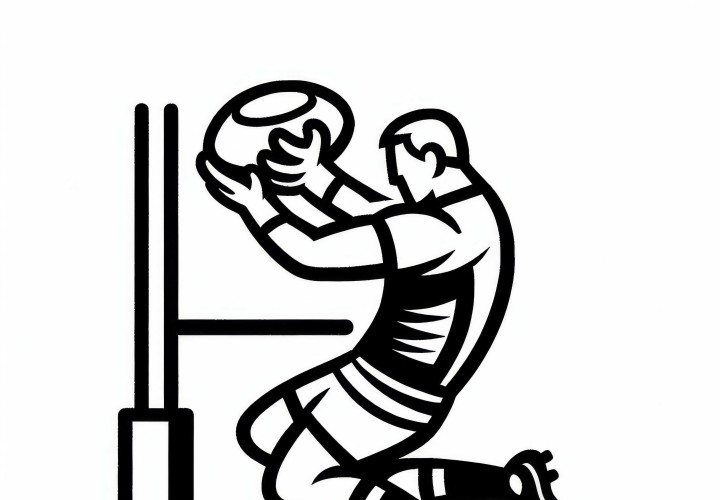 Rugby Spieler springt hoch, um Ball in einem Line-Out zu fangen – Ausmalbild kostenlos Rugby Spieler springt hoch, um Ball in einem Line-Out zu fangen – Ausmalbild kostenlos