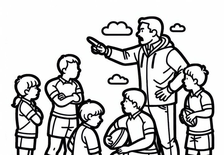 Rugby-Trainer gibt Mannschaft taktische Anweisungen – Ausmalbild gratis Rugby-Trainer gibt Mannschaft taktische Anweisungen – Ausmalbild gratis