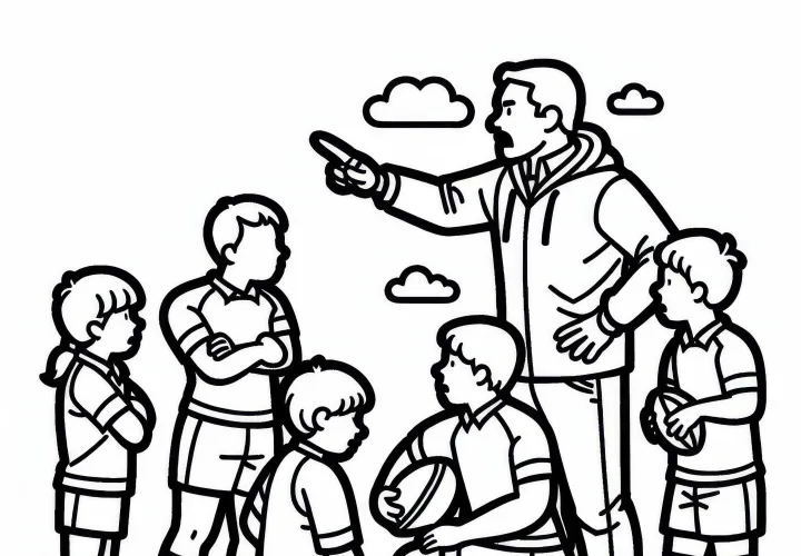 Rugby coach gives the team tactical instructions – Free coloring page