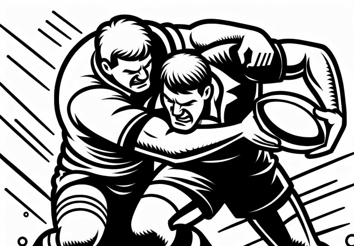 Zwei Rugby-Gegner stoßen in intensivem Zweikampf zusammen Zwei Rugby-Gegner stoßen in intensivem Zweikampf zusammen