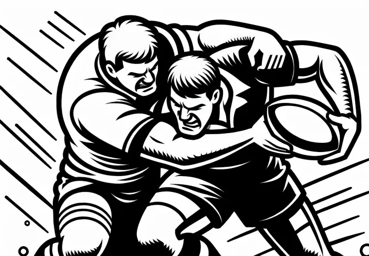 Two rugby opponents collide in an intense duel