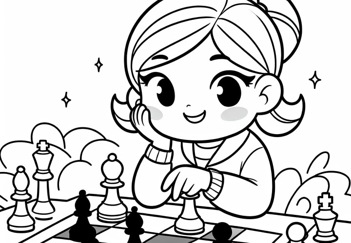 Schachspielerin setzt strategischen Zug und lächelt – Ausmalbild kostenlos Schachspielerin setzt strategischen Zug und lächelt – Ausmalbild kostenlos