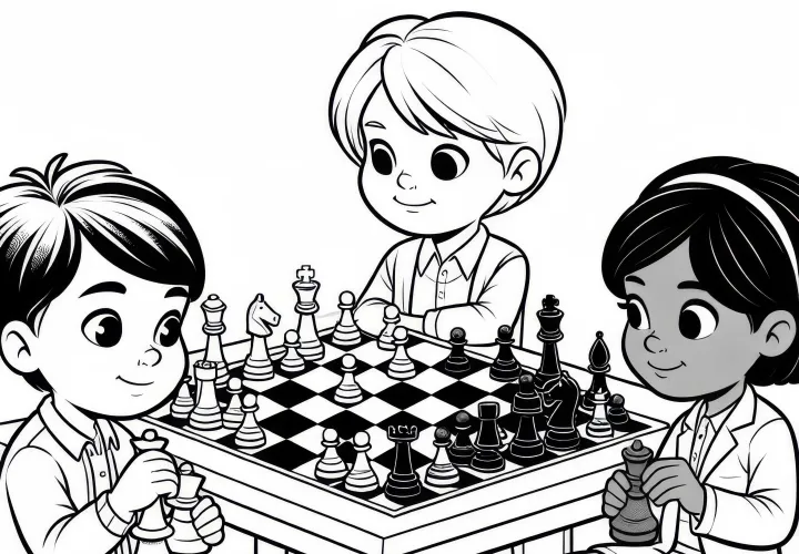 Chess players sit concentrated in front of the board - Free coloring page