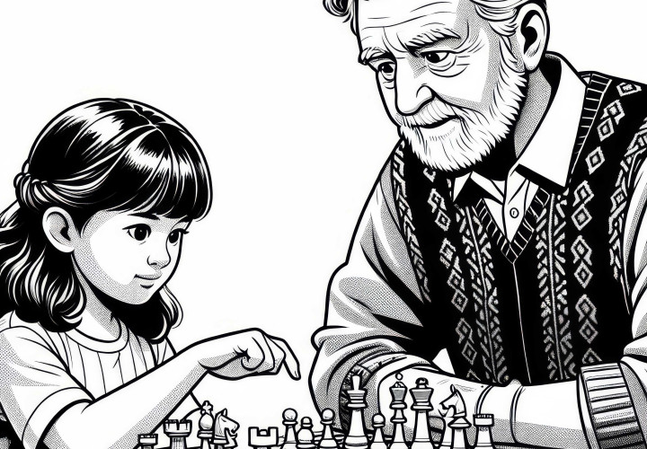 Kind lernt Schach mit erfahrenem Spieler – Malvorlage kostenlos Kind lernt Schach mit erfahrenem Spieler – Malvorlage kostenlos