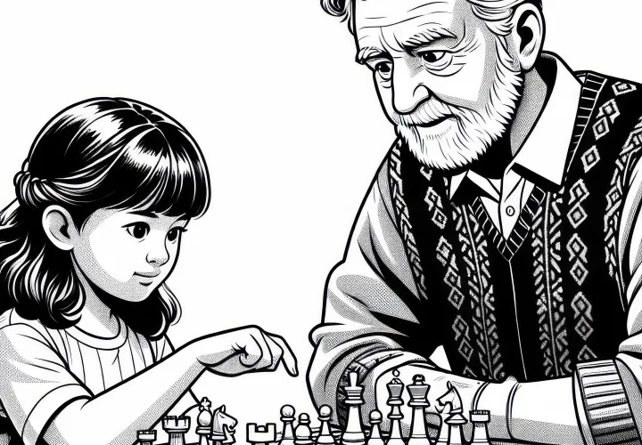 Child learns chess with experienced player - coloring page free of charge