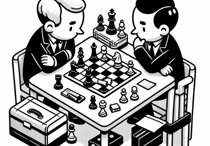 Zwei Schachkontrahenten analysieren Partie nach dem Spiel – Malvorlage kostenlos Zwei Schachkontrahenten analysieren Partie nach dem Spiel – Malvorlage kostenlos