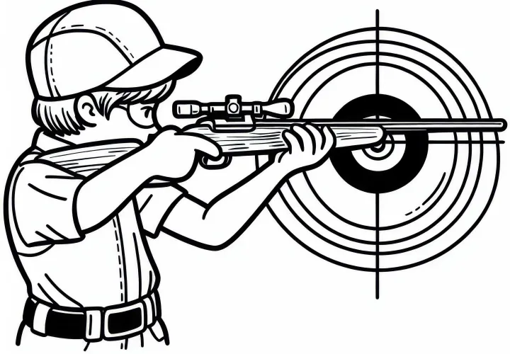Спорт-стрелок целится сосредоточенно с винтовкой в мишень – бесплатная раскраска