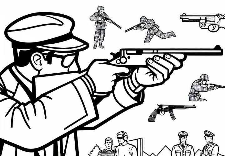 Спортсмен-стрелок спокойно держит оружие, пока нажимает на спусковой крючок – простая раскраска бесплатно