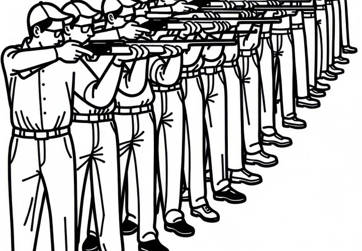 Группа спортивных стрелков, выстроившихся в ряд и ожидающих сигнала к стрельбе – бесплатная раскраска