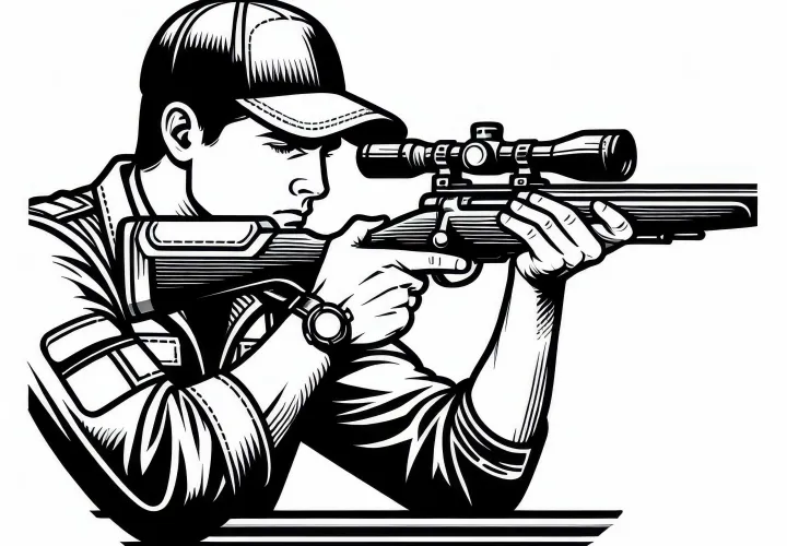 Спортсмен-стрелок сосредоточенно проверяет свой прицел – раскраска бесплатно