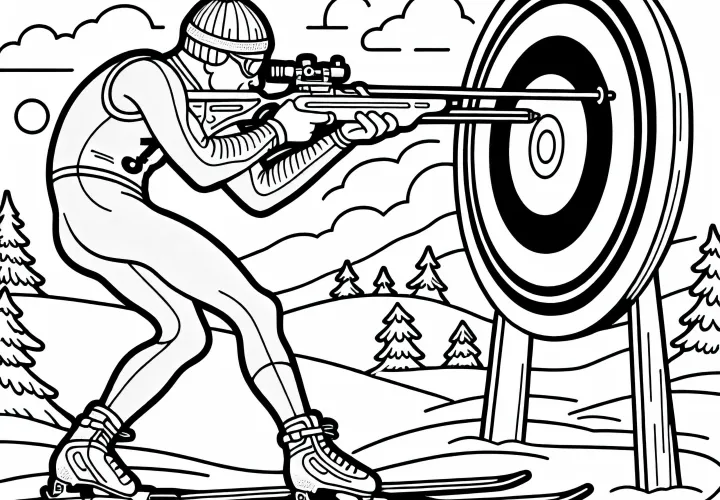 Биатлонист стреляет по мишеням после лыжной гонки – простая бесплатная раскраска
