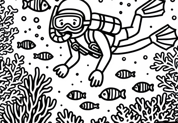 Schnorchler beobachtet Fische im Korallenriff – Ausmalbild gratis Schnorchler beobachtet Fische im Korallenriff – Ausmalbild gratis