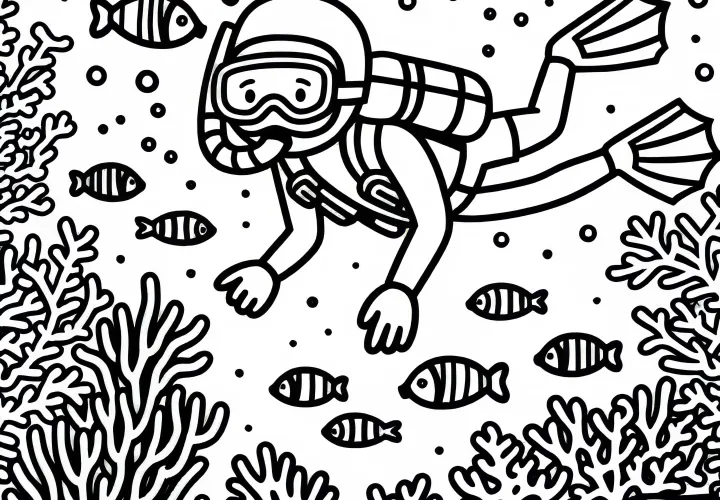 Snorkeler observes fish in the coral reef - Free coloring page