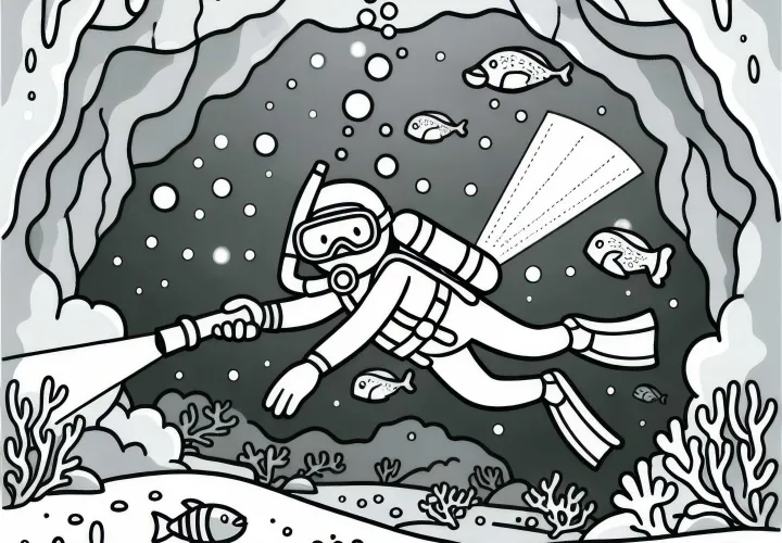 Divers explore an underwater cave while snorkeling with flashlights - free coloring page