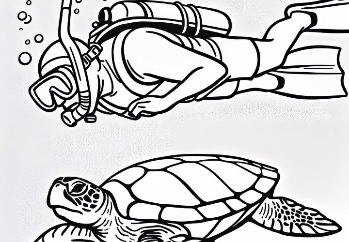Schildkröte schwimmt neugierig unter Schnorchler – Ausmalbild kostenlos Schildkröte schwimmt neugierig unter Schnorchler – Ausmalbild kostenlos