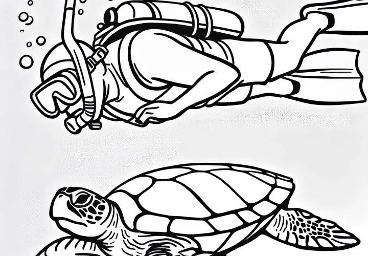 Turtle swims curiously under snorkeler - Free coloring page