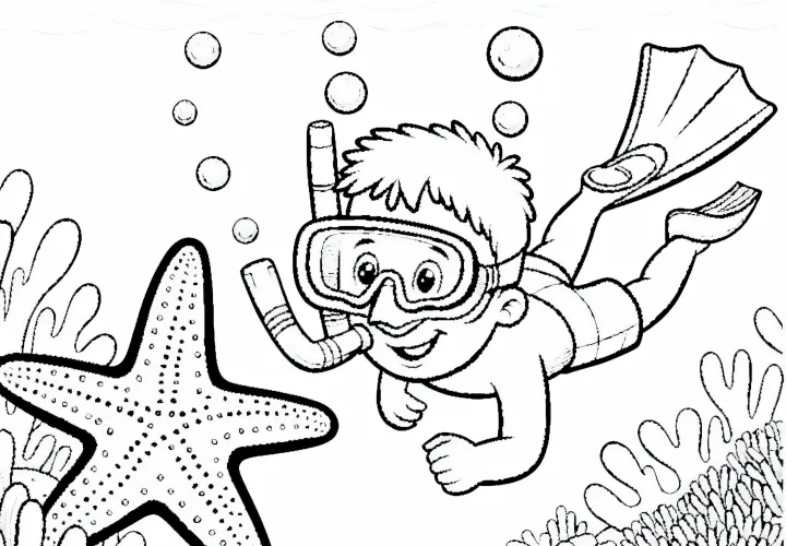 A snorkeler dives briefly underwater to admire a starfish – coloring page free of charge