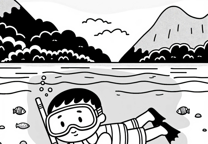 Kind übt das Schnorcheln im flachen Wasser – Ausmalbild kostenlos Kind übt das Schnorcheln im flachen Wasser – Ausmalbild kostenlos