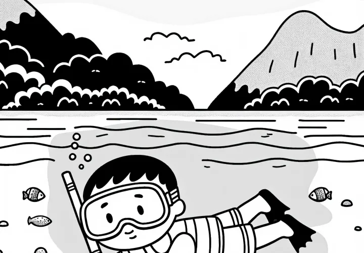 Child practicing snorkeling in shallow water - Free coloring page