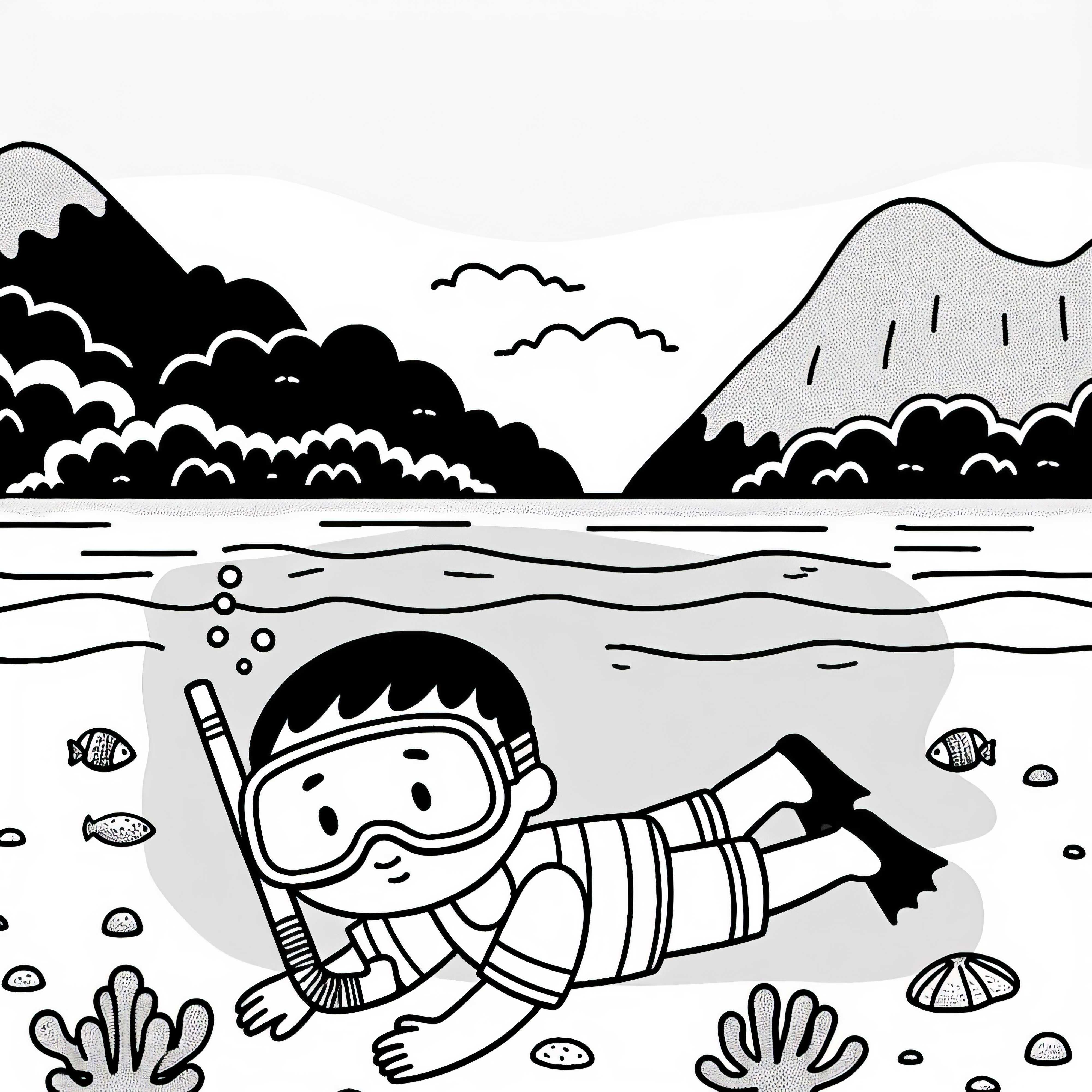 Kind übt das Schnorcheln im flachen Wasser – Ausmalbild kostenlos
