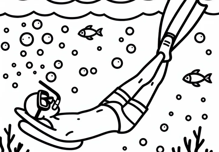 Snorkeler takes a small break - Coloring page easy free