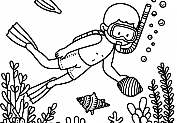 Snorkeler dives deeper to retrieve a sunken shell – Free coloring page