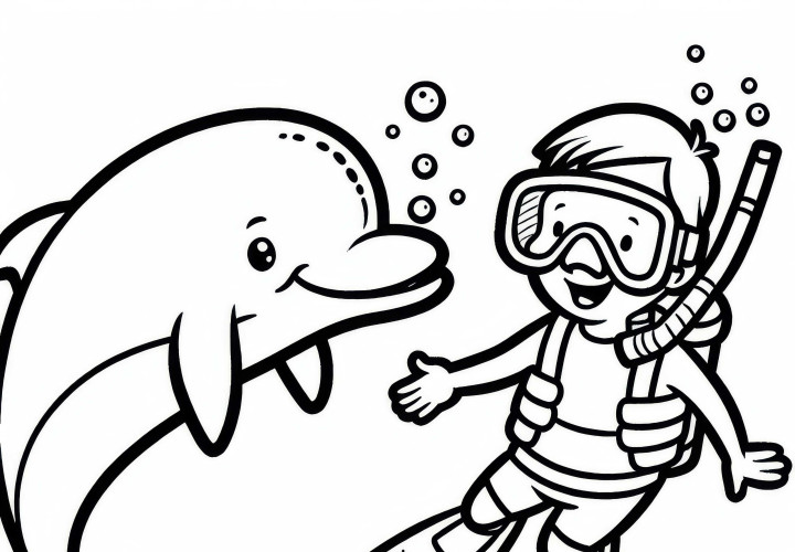 Delfin schwimmt spielerisch neben Schnorchler – Ausmalbild kostenlos Delfin schwimmt spielerisch neben Schnorchler – Ausmalbild kostenlos