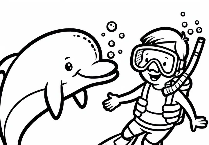 Dolphin playfully swims next to snorkeler – Free coloring page
