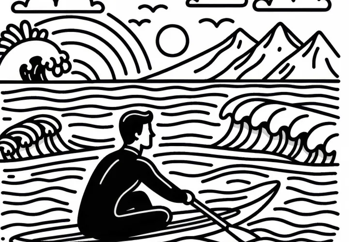 Surfer paddelt auf Board – Ausmalbild gratis