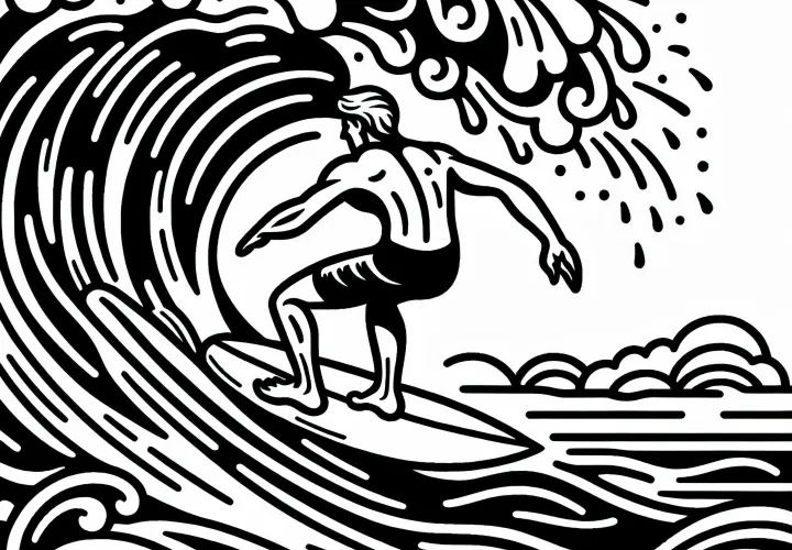 Surfer reitet elegant auf einer großen Welle – Malvorlage kostenlos