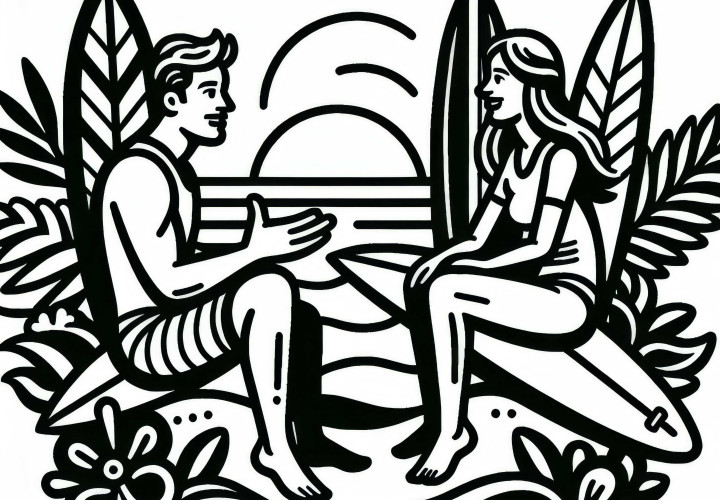 Dois surfistas estão sentados em pranchas e conversam - Desenho para colorir gratuito Dois surfistas estão sentados em pranchas e conversando – Desenho para colorir gratuito