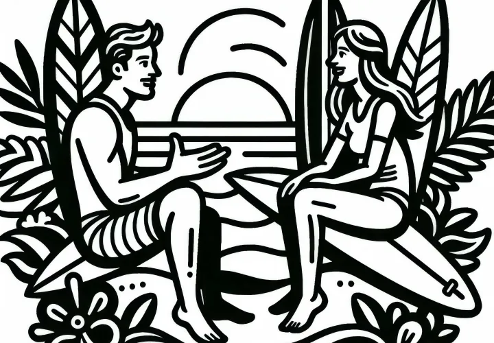 Zwei Surfer sitzen auf Boards und unterhalten sich – Ausmalbild kostenlos