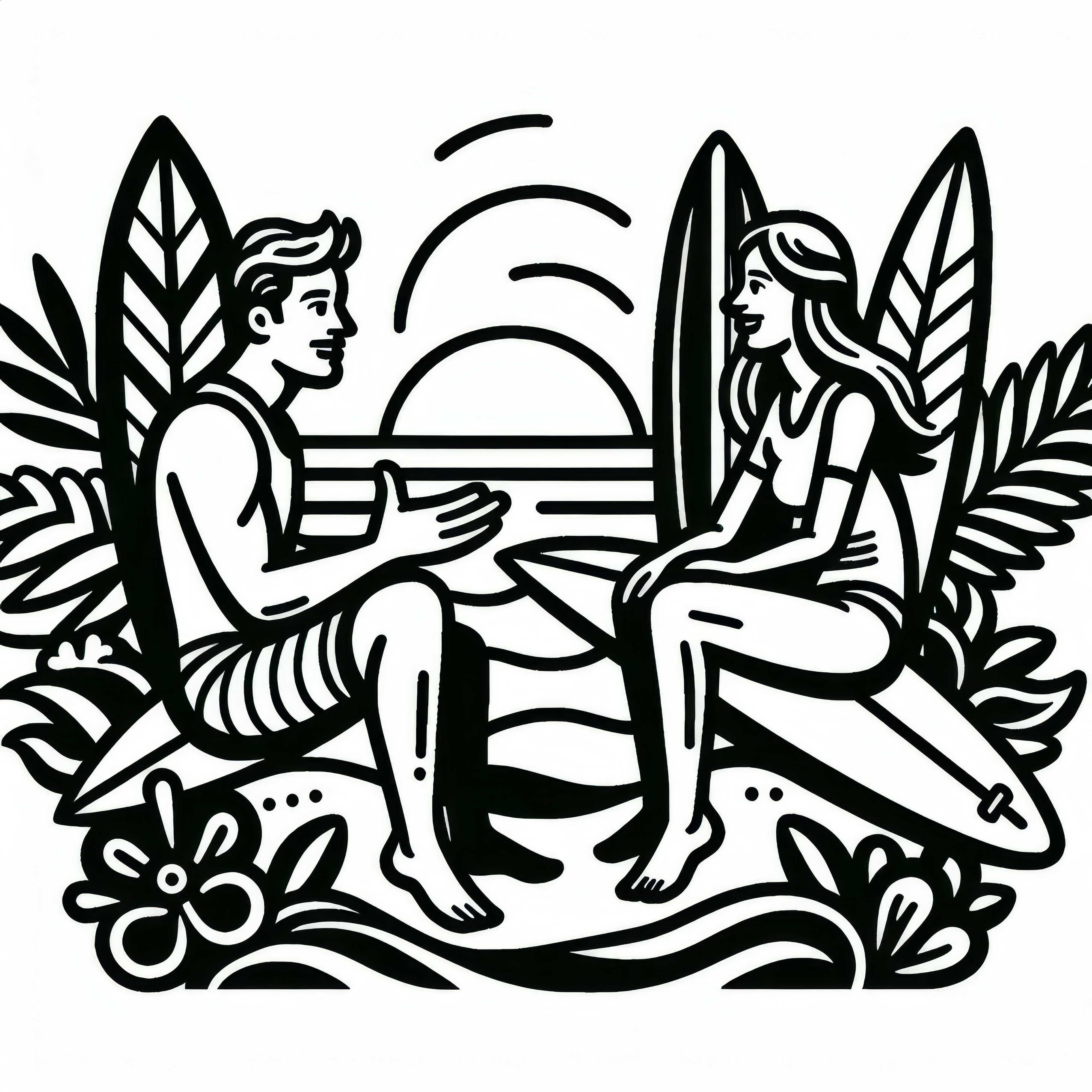 Dois surfistas estão sentados em pranchas e conversando – Desenho para colorir grátis