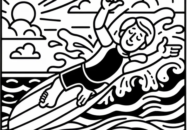 Surfer verliert Gleichgewicht und stürzt ins Wasser – Malvorlage kostenlos