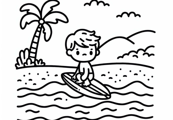 Criança praticando em pranchinha de surf - Desenho para colorir grátis
