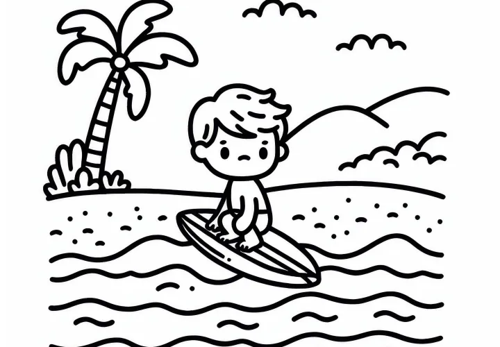 Kind übt auf Surfbrett - Ausmalbild kostenlos