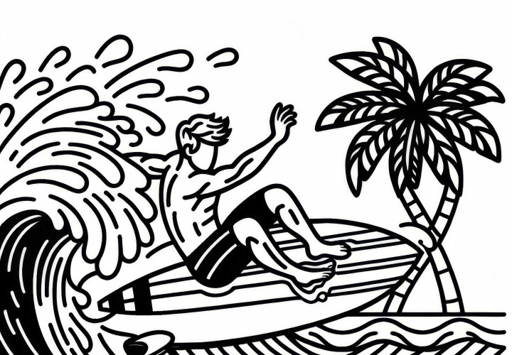 Surfista faz um salto espetacular de dentro de uma onda - Modelo para colorir grátis Surfista faz salto espetacular de uma onda - Desenho para colorir gratuito