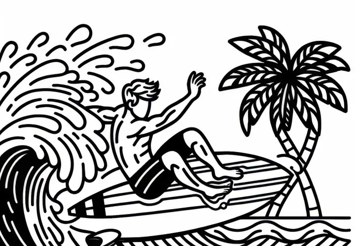 Surfer macht spektakulären Sprung aus einer Welle heraus - Malvorlage kostenlos