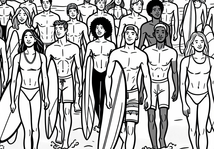 Grupo de surfistas caminha com pranchas na praia - Desenho para colorir grátis Grupo de surfistas caminha com pranchas pela praia - Desenho para colorir gratuito