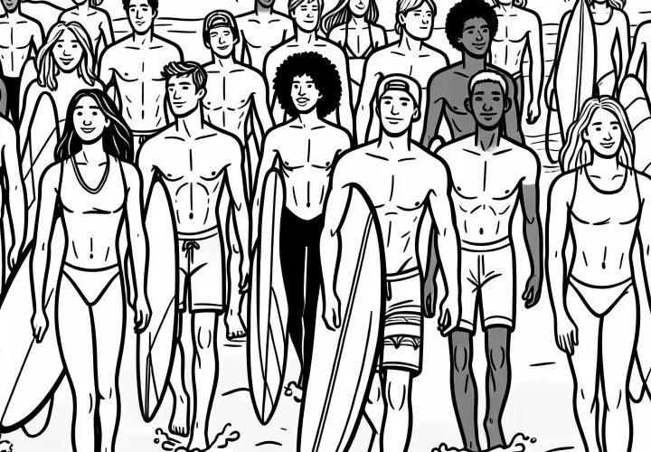 Gruppe Surfer läuft mit Brettern am Strand entlang - Malvorlage Kostenlos