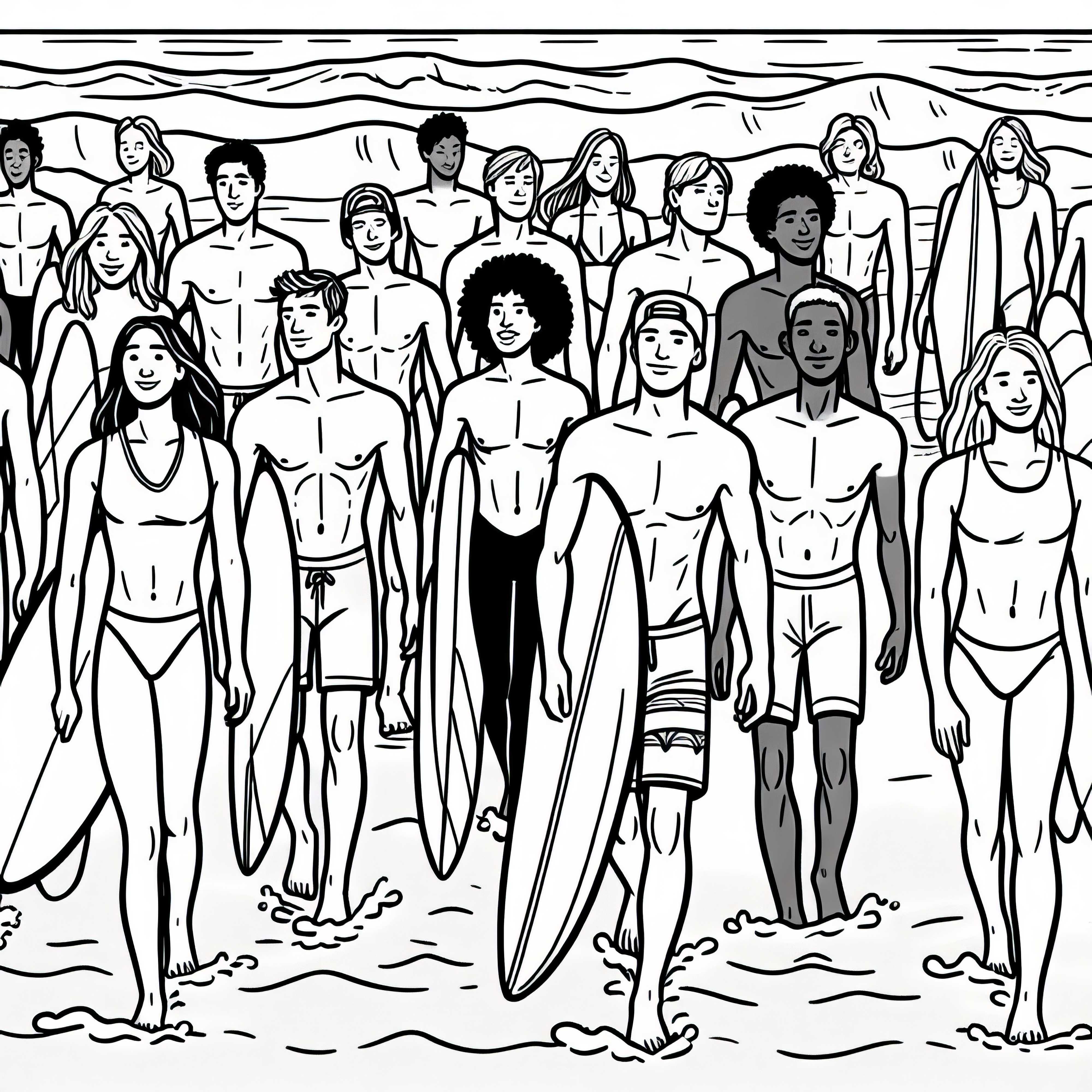Grupo de surfistas caminhando com pranchas pela praia - Desenho para colorir gratuito