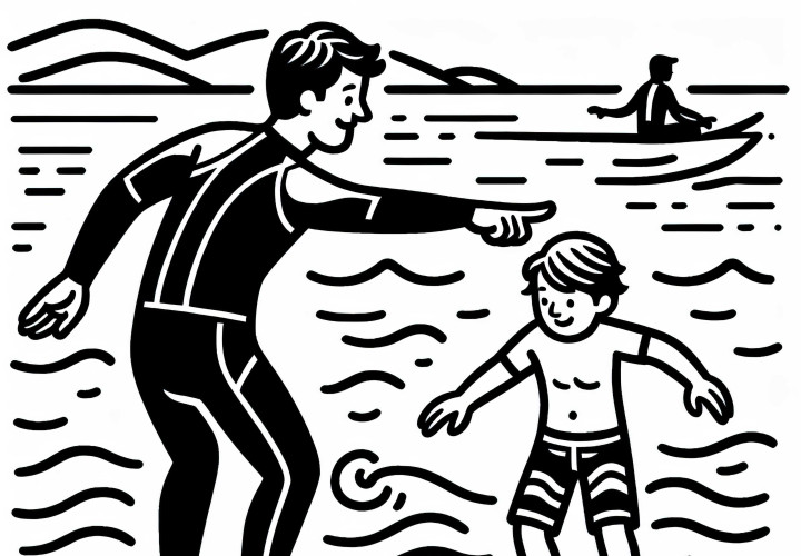Professor de surf ensina iniciantes a como ficar na posição correta – Desenho para colorir grátis Professor de surf ensina iniciantes a como se posicionar corretamente – Desenho para colorir grátis