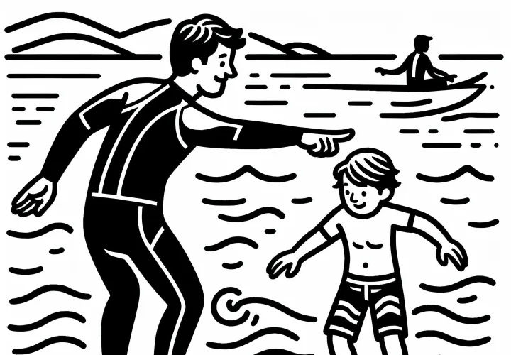 Surflehrer zeigt Anfänger, wie man richtig steht – Ausmalbild kostenlos