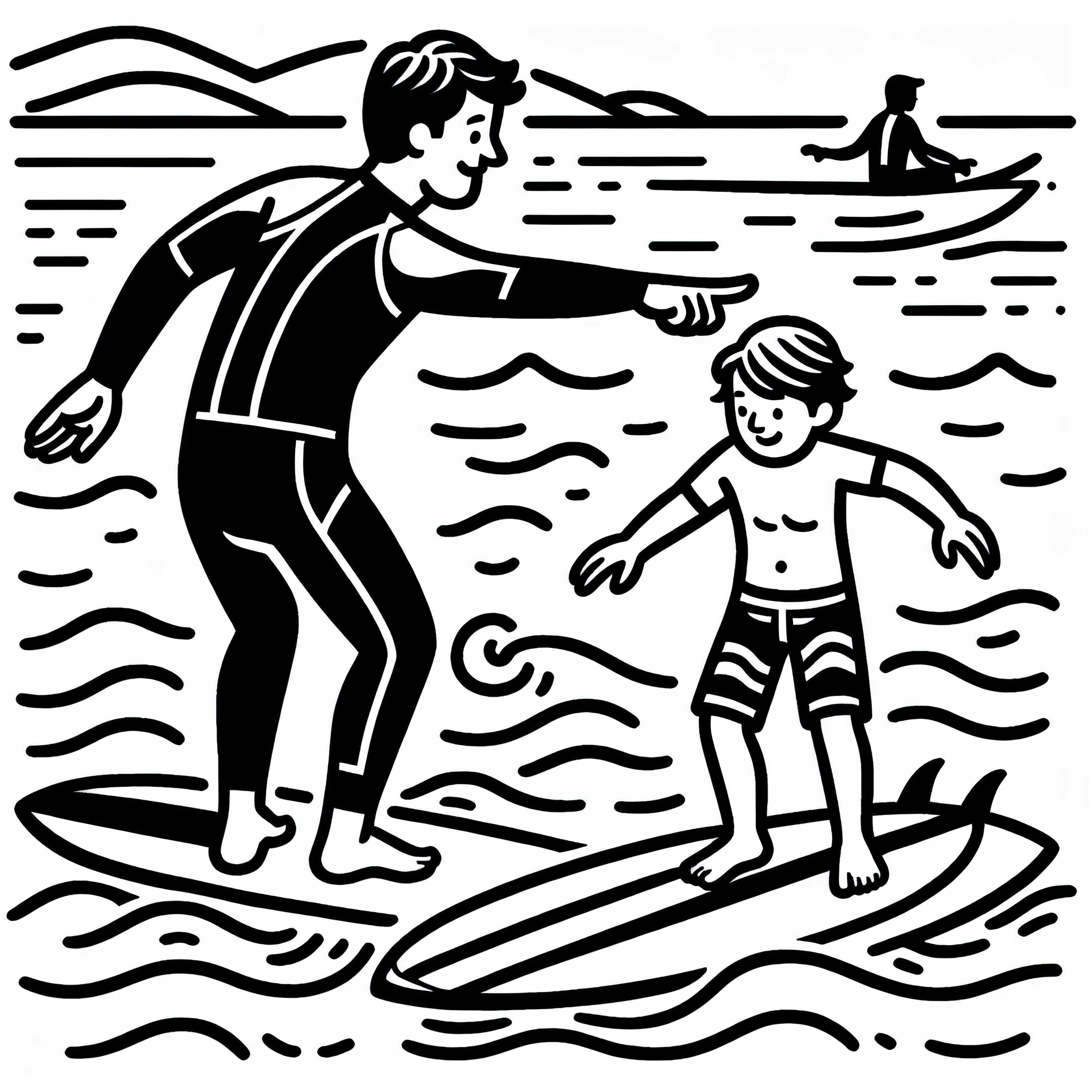 Professor de surf ensina iniciantes a como posicionar-se corretamente – Desenho para colorir gratuito