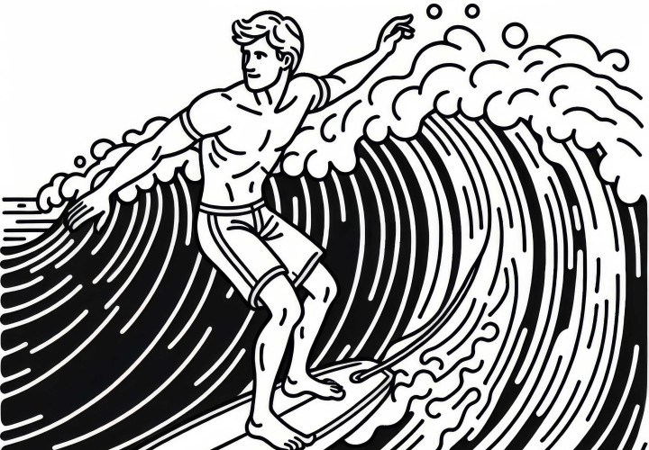 Surfista está em equilíbrio perfeito na prancha ao surfar – Desenho para colorir grátis