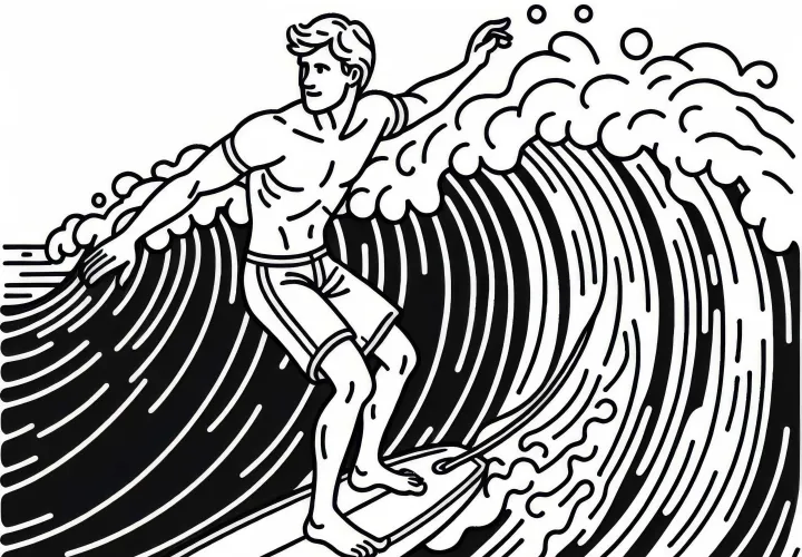 Surfer steht beim Wellenreiten mit perfektem Gleichgewicht auf Brett – Ausmalbild gratis